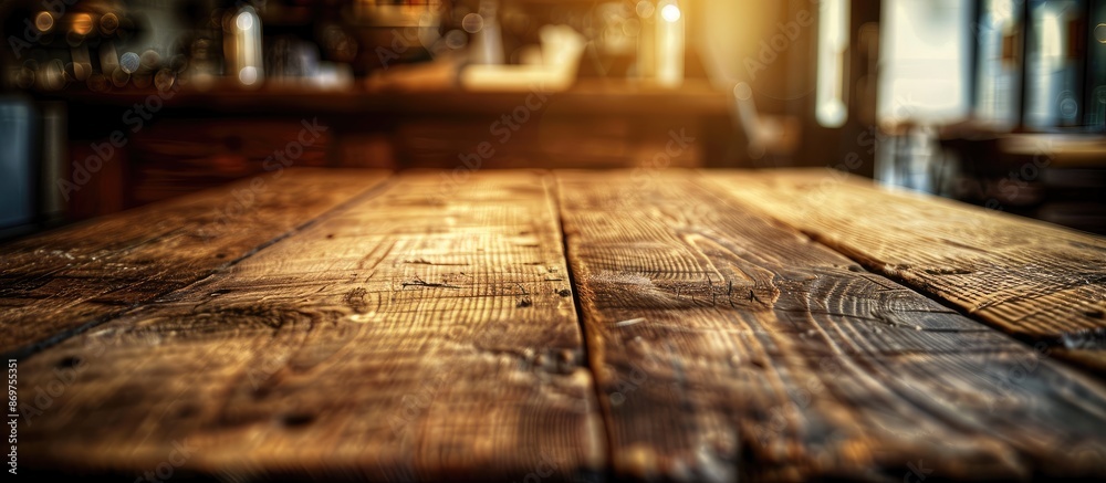Aufkleber brown wooden table with shallow depth of field in a cafe setting, suitable as a copy space image for