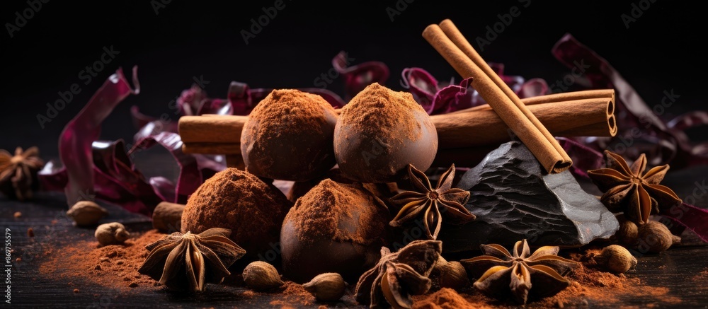 Aufkleber chocolate truffles mingled with chocolate shards and spices, accompanied by chocolate, cinnamon stic