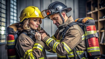 Fototapeta premium Firefighter Couple - Safety Gear Check - Professional Teamwork