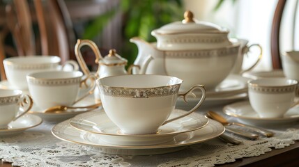A set of fine bone china on a lace tablecloth, emphasizing elegance and tradition in dining ware