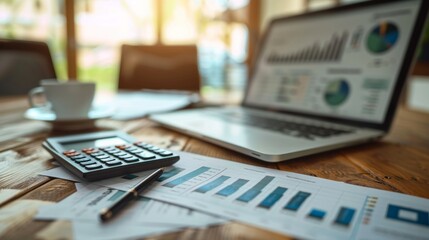 Modern research with lot of papers and a monitor, charts and diagrams.