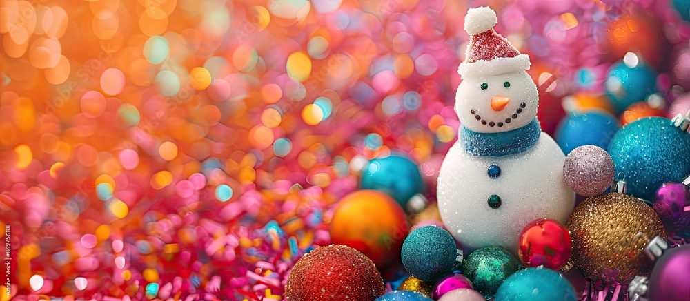 Poster Snowman adorned with colorful Christmas balls on a vibrant decorative backdrop, providing space for additional images.