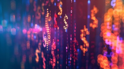 Abstract financial graph and chart is a highlight on dark background, showcasing data visualization with glowing colors and currency symbols.