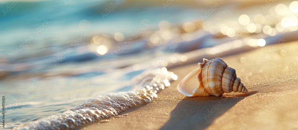 Poster seashell on the sandy shore with a beautiful copy space image.
