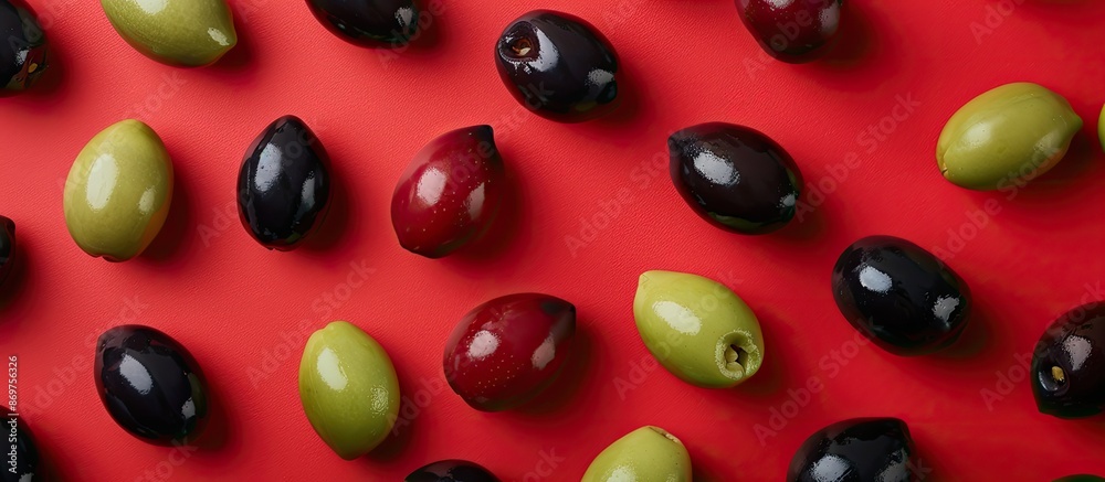 Aufkleber A flat lay design template featuring black, green, and red olives of different sizes captured from a top view, ideal for including text with copy space image.