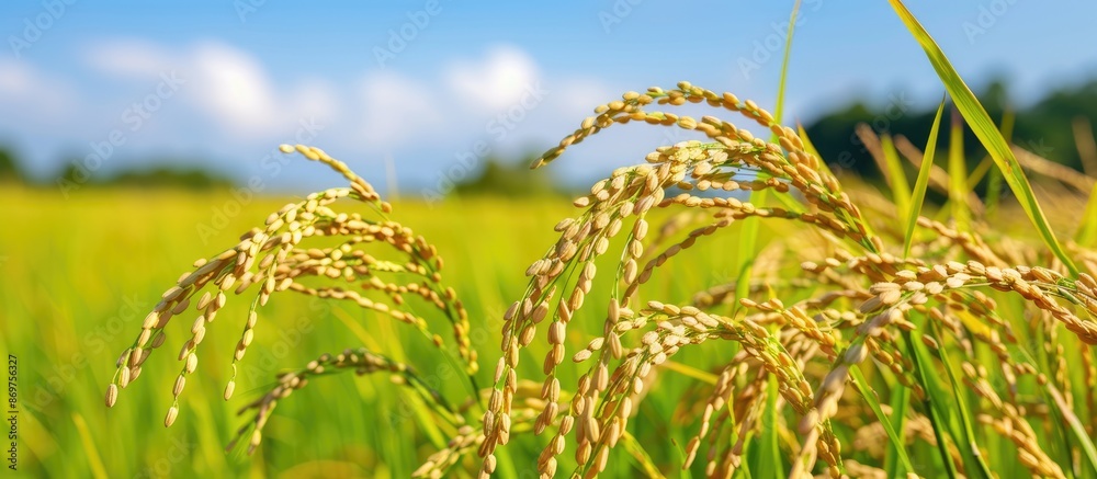 Aufkleber copy space image of japanese rice fields pre-harvest with a backdrop of a clear blue summer sky and 