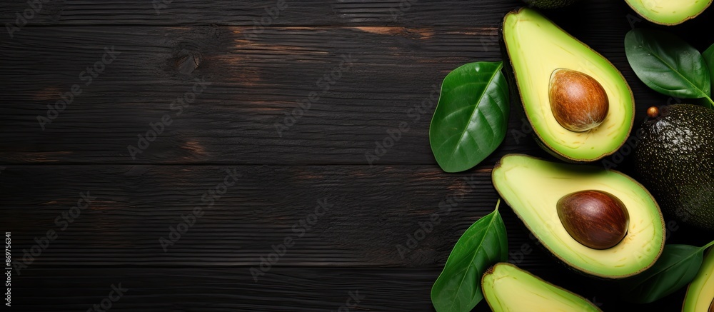 Poster flat lay arrangement of whole and halved avocados on a dark wooden surface, featuring ample copy spa