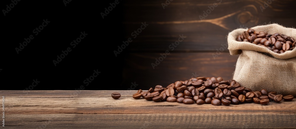 Aufkleber roasted coffee beans in a paper bag on a wooden table with copy space image, used as a textured back