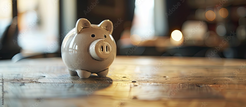 Poster a piggy bank sits on a wooden table with copy space image.