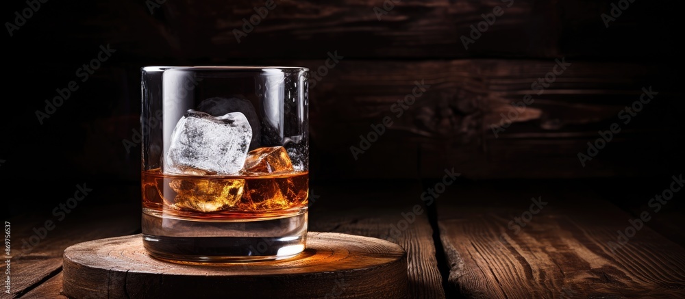 Poster a glass of whiskey with ice on an aged barrel, set against a wooden backdrop with ample copy space i