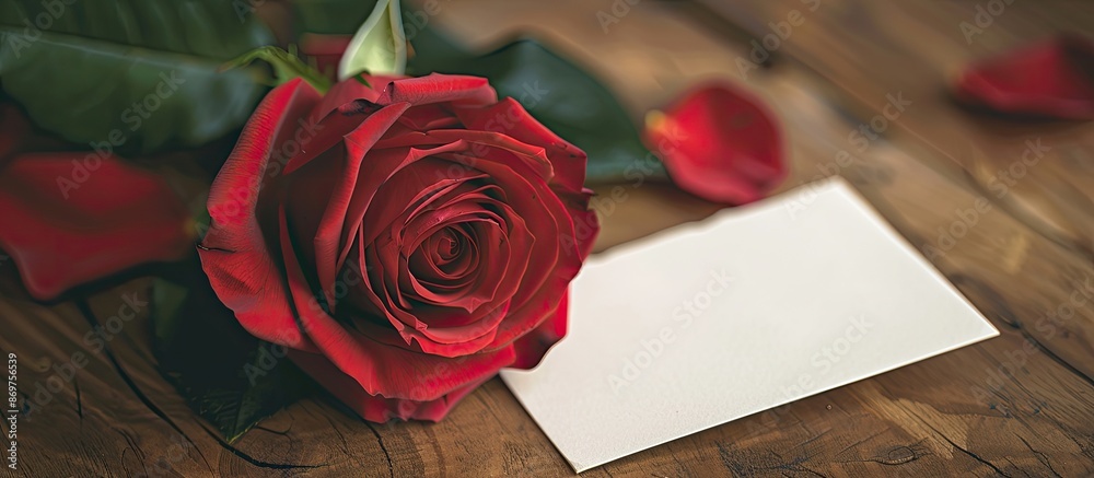 Poster Valentine's Day themed red rose with a message card in a copy space image.
