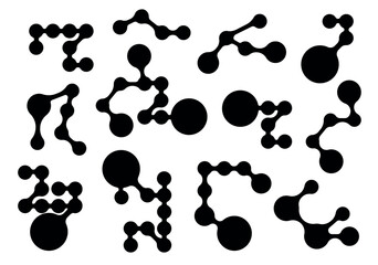 Set of abstract figures in flat cartoon design. A collection of abstract black shapes using circles are depicted in an illustration on a white background. Vector illustration.