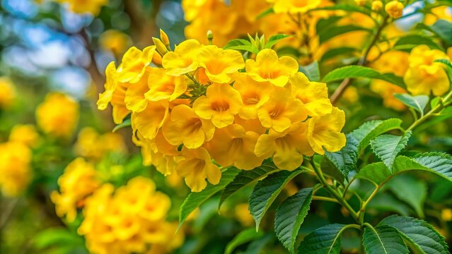 Golden shower tree flowers, trumpet vine, blooming yellow flowers, Tecoma stans, Yellow elder