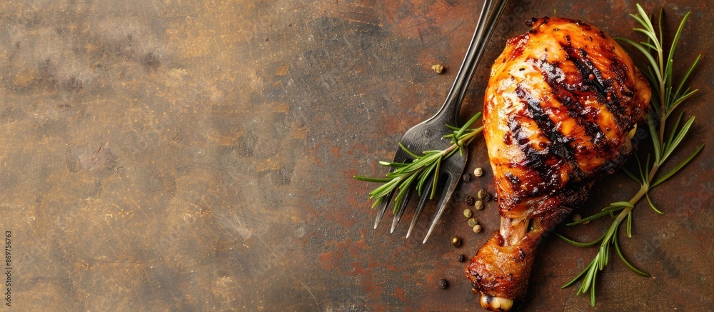 Poster grilled chicken leg on a fork with rosemary on a brown backdrop, featuring a copy space image.
