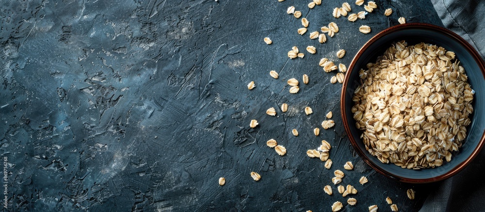 Poster a dark rustic background with a healthy food concept featuring oats meal and copy space image.