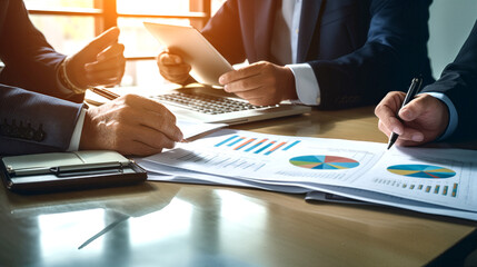 Business meeting with professionals discussing financial reports and charts, showing teamwork and analytical skills, ideal for corporate themes.