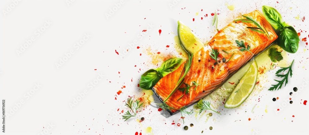 Poster An appetizing dish of salmon fillet with aromatic herbs and spicy seasonings, presented in a visually appealing manner with a blank space for adding text or graphics.