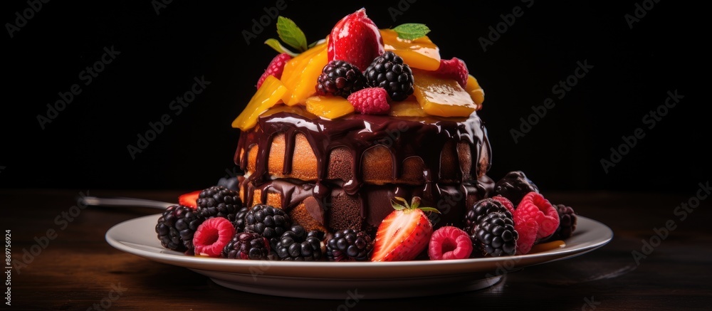 Poster a decadent chocolate stout cake topped with caramel sauce and fresh fruits, perfect for displaying i