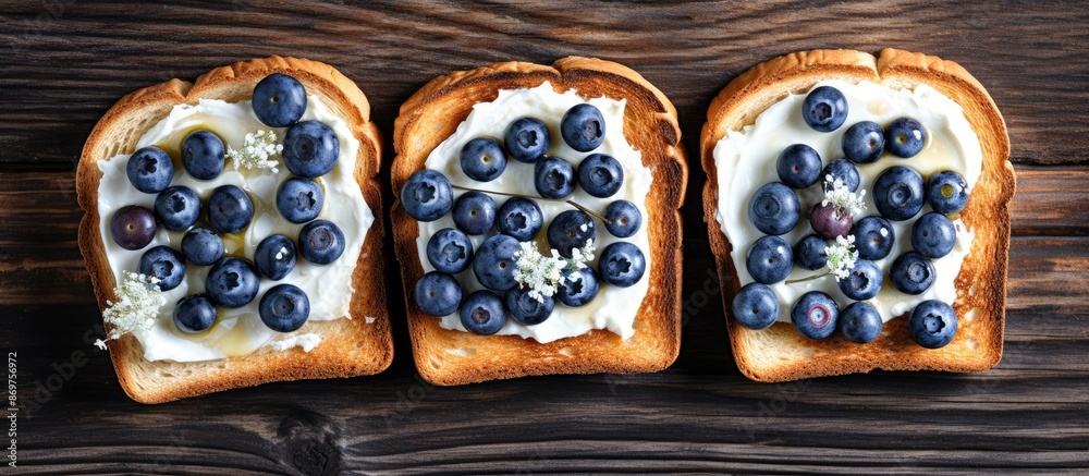 Aufkleber Top view of delectable toasts with butter and blueberries on a rustic grey wooden table, with room for text in the image