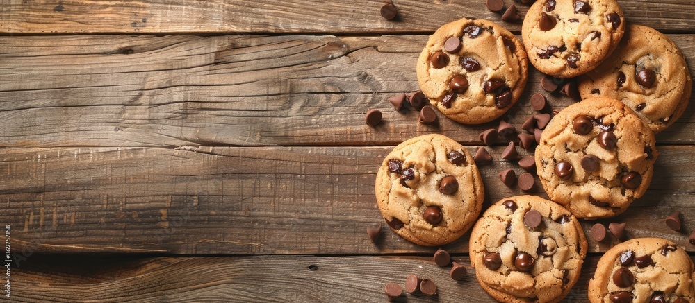 Poster cookies with chocolate chips displayed on a wooden backdrop with copy space image.