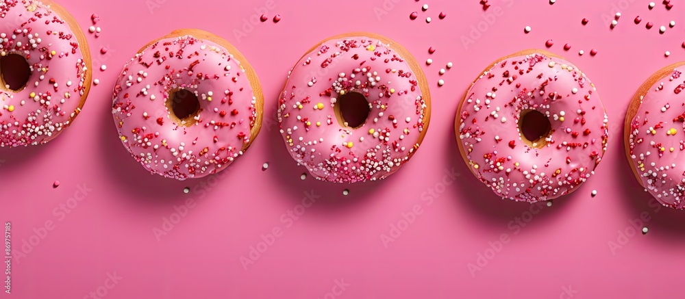 Poster A vibrant pink background complements iced doughnuts with sprinkles, creating a visually appealing scene in the copy space image.