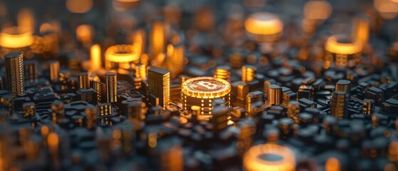 Hightech gold coins embedded with digital IDs allow citizens to access exclusive areas and services within a smart city, blending luxury with innovation, with copy space