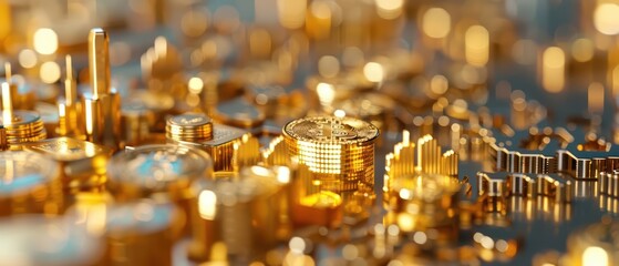 Hightech gold coins embedded with digital IDs allow citizens to access exclusive areas and services within a smart city, blending luxury with innovation, with copy space