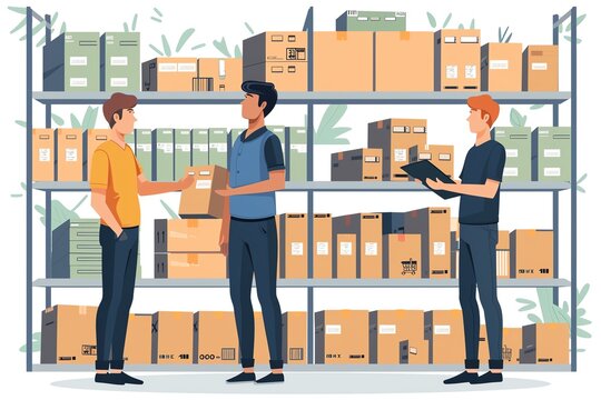 Three workers organize inventory in a neatly arranged warehouse, focusing on optimizing storage and efficiency.