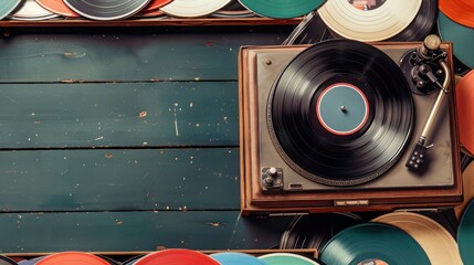 A vintage record player on a background of vinyl records, perfect for a retro music enthusiasta??s product showcase