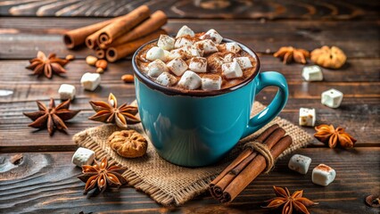 Fototapeta premium Hot chocolate and marshmallow on brown table, winter beverage, cocoa