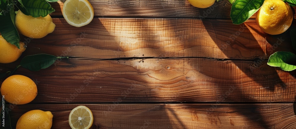 Poster wooden table with lemon pieces arranged for copy space image.