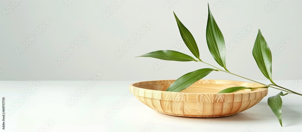 Aufkleber isolated on a white backdrop, a bamboo saucer is featured with copy space image.