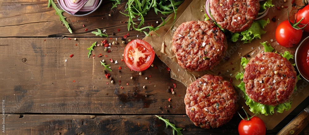 Poster Preparing succulent hamburgers with cutlets ideal for creating a delectable meal with a copy space image available.