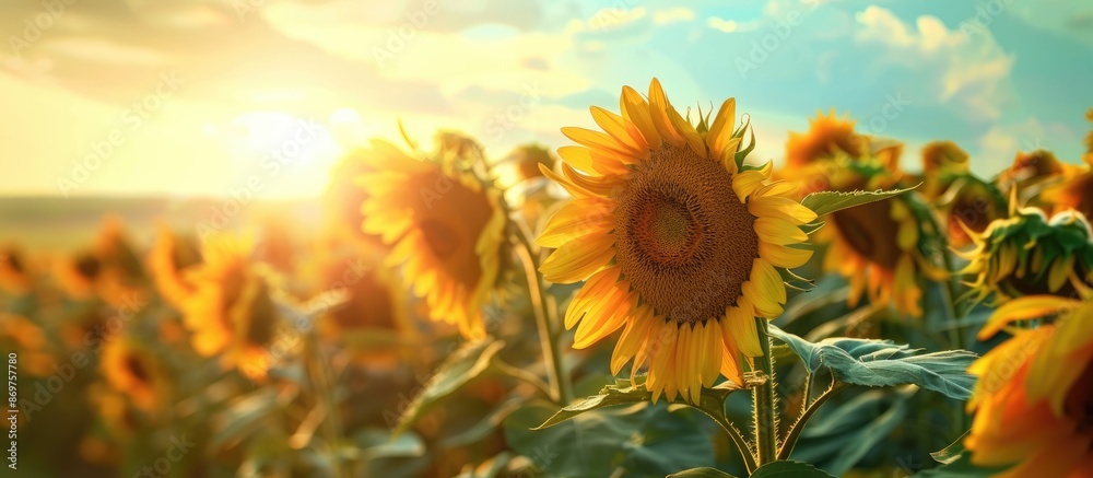 Poster close-up view of a rural landscape featuring a row of sunflowers with copy space image.