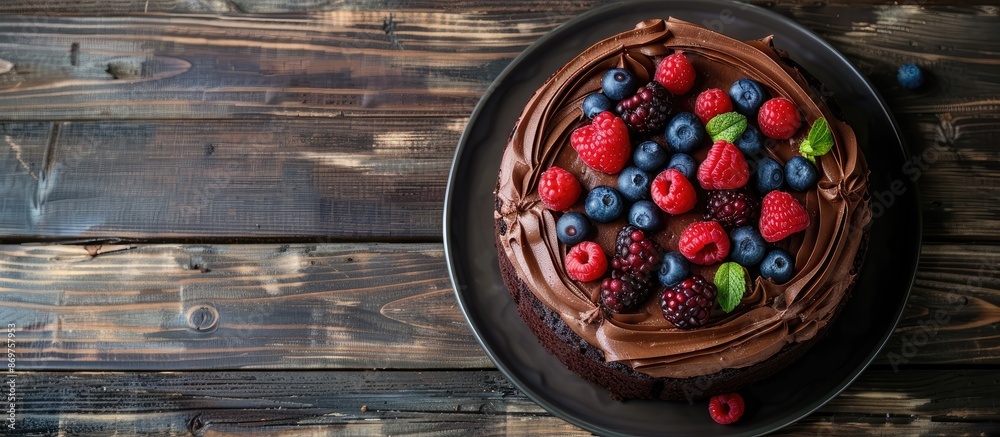 Poster an exquisite chocolate cake with chocolate cream and fresh berries displayed on a plate against a ru