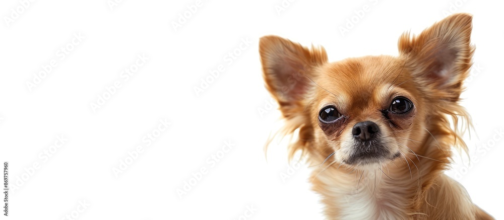 Poster A Chihuahua puppy is posing on a white background, creating a cute pet portrait with ample copy space image for added text or graphics.