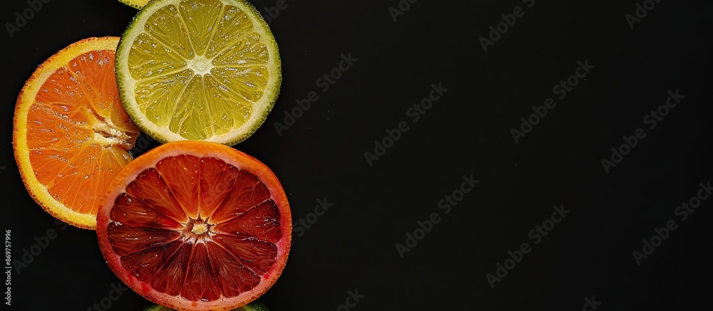 Poster close-up of whole and sliced red, orange, and lime on a black background, perfect for a postcard or 