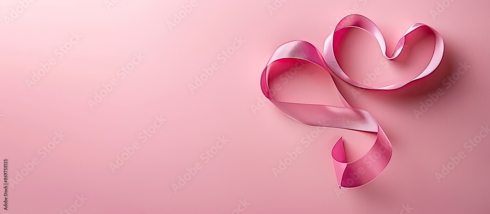 Poster valentine's day card with a pink heart ribbon on a pink paper backdrop with a copy space image.