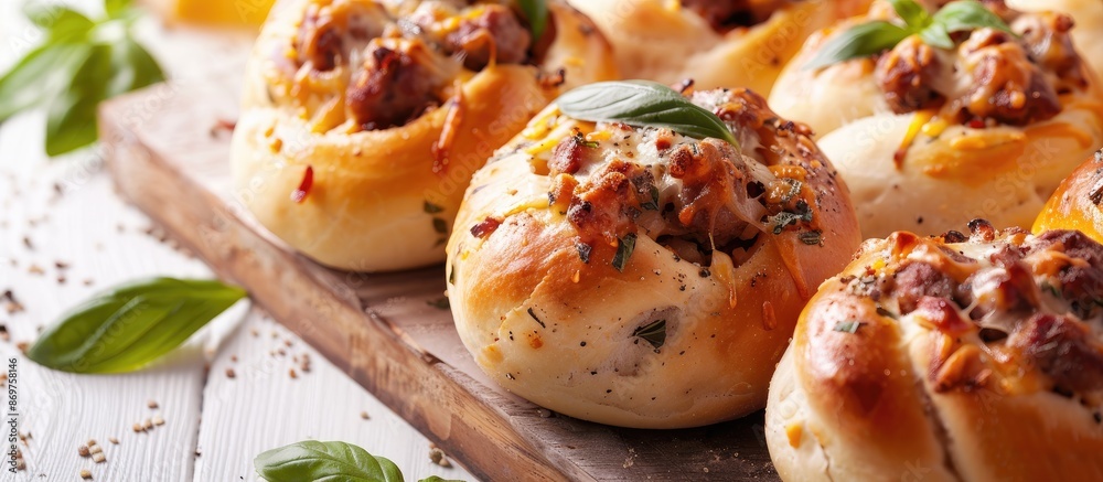 Poster savory wheat bread rolls filled with sausage and cheese. ideal for breakfast or brunch. presented on