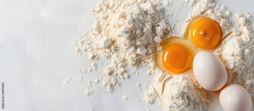 Poster top view of flour and eggs for dough preparation on a white background with a close-up focus, provid