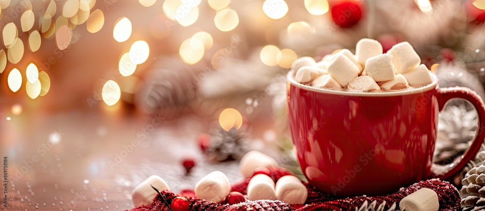 Fototapete christmas-themed hot chocolate with marshmallows showcased in the foreground with a blurry backgroun