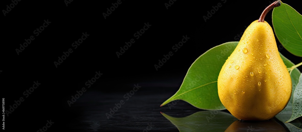 Poster ripe pear against black backdrop with copy space image.