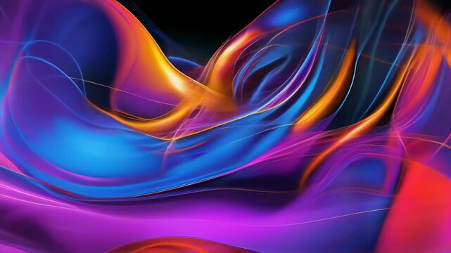 Vibrant abstract light streaks in different colors create dynamic motion against a black background. The intertwining colors evoke a sense of fluidity and energy, representing modern art.