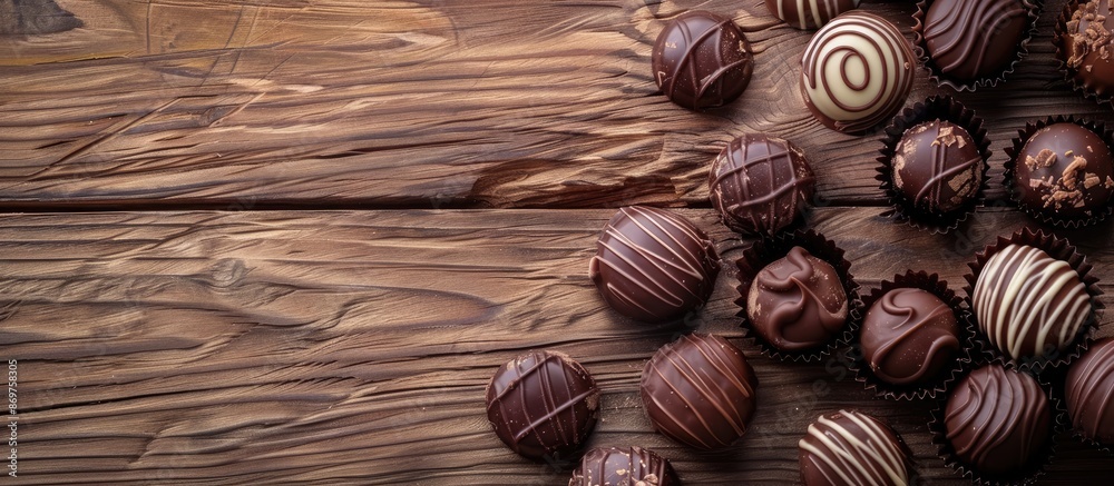 Poster delicious chocolate candies displayed on a rustic wooden surface from above, with space for text or 