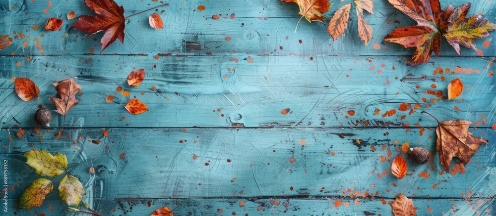 Poster aqua blue distressed wood with autumn decor and leaves for social media and web banners with autumn-