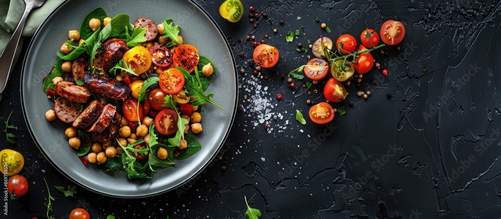 Aufkleber top view of lunch featuring a vegetable salad with chickpeas, tomatoes, and sausages on a dark backg