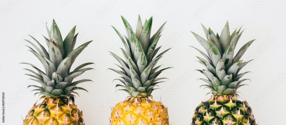 Poster a white background showcases three vibrant pineapples with leafy tops. copy space image.