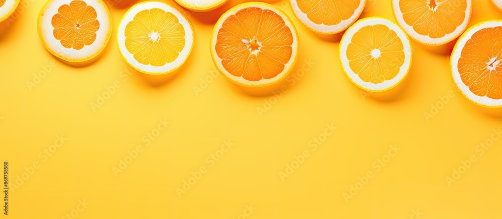 Aufkleber Top view of a creative pop art design featuring fresh orange slices on a yellow backdrop with copy space image. Displaying half a citrus fruit in a minimal flat lay style, embodying a vibrant summer