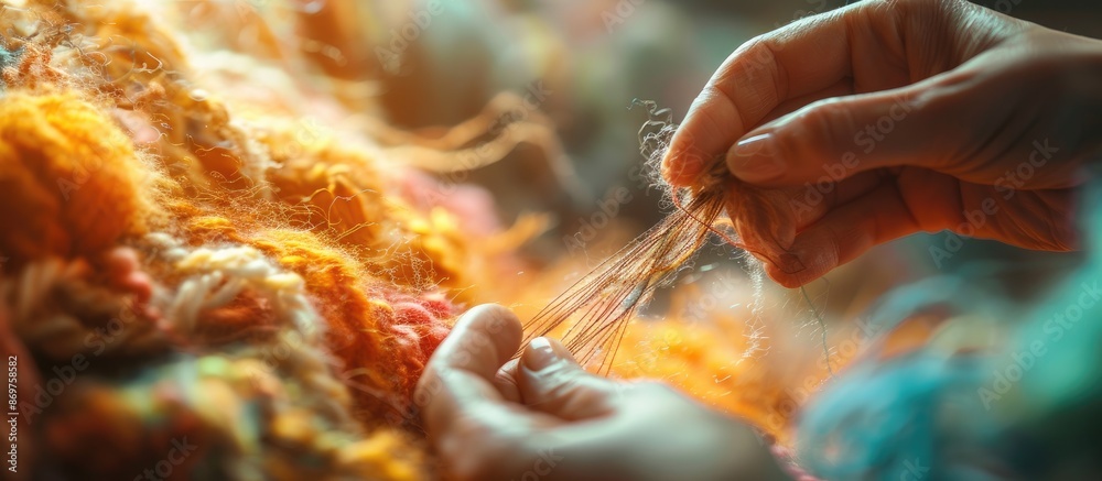 Poster wool being knitted with a copy space image available.