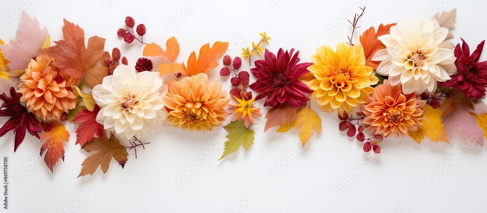 Poster floral arrangement capturing the essence of autumn with fresh flowers arranged in a frame on a white